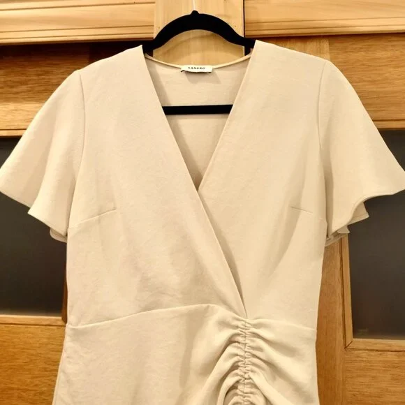 SANDRO~ALBI Ruched Ruffled Crepe Mini Dress~ Beige~EU 36 - Picture 7 of 7